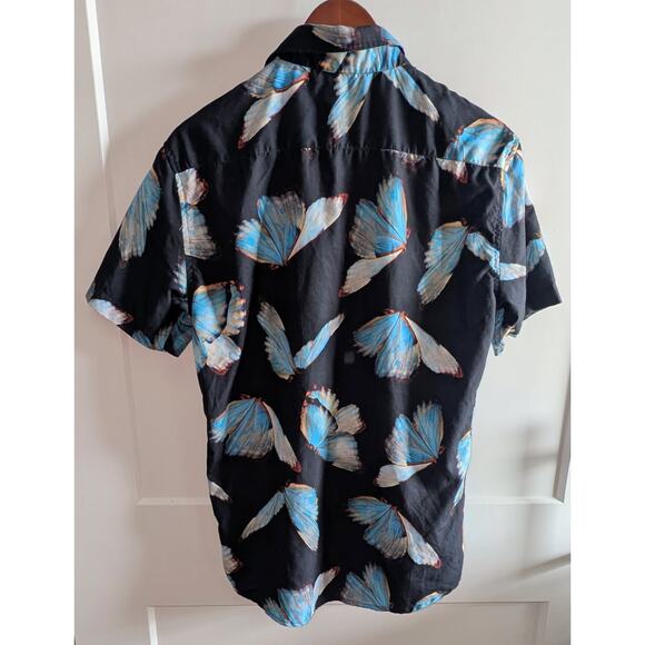 Mens Public Record Butterfly Pattern Button Up Short Sleeve Shirt Black Blue M - Picture 2 of 5